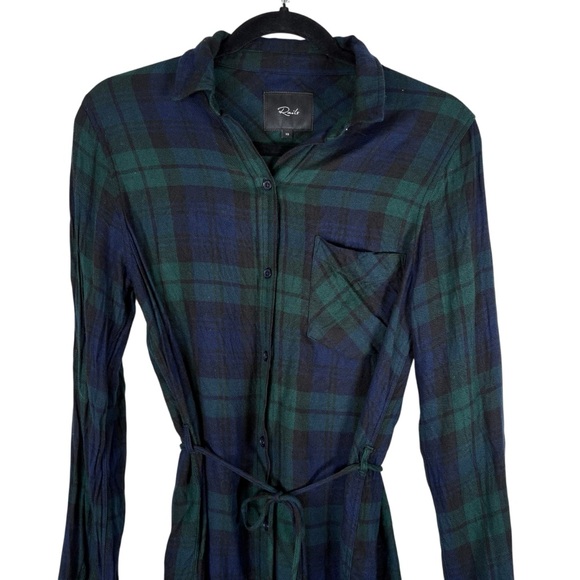 Rails Blair Midnight Forest Plaid Dress Tie Waist Button Down Long Sleeve Fall - Picture 3 of 7